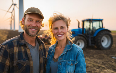 Rural married couple standing against tractor on background.