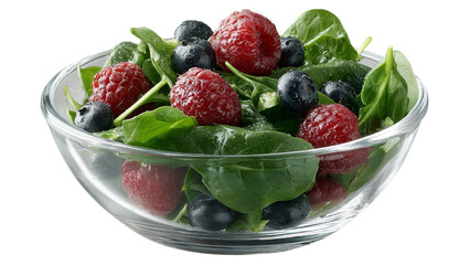 Fresh green salad with spinach raspberries and blueberries served in a clear glass bowl isolated on transparent background