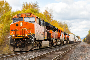 freight train pulling cargo in autumn in Montana