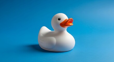 A close-up shot of a white rubber bath toy, featuring orange beak and black eyes, set against a vibrant blue backdrop