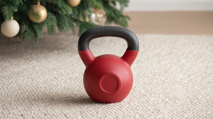 Fototapeta premium Festive Kettlebell on Floor Near Christmas Tree Celebrating the Joy of Fitness and Holiday Spirit in a Cozy Home Environment