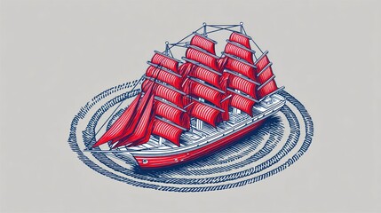 Illustration of a vintage sailing ship with vibrant red sails in a circular design