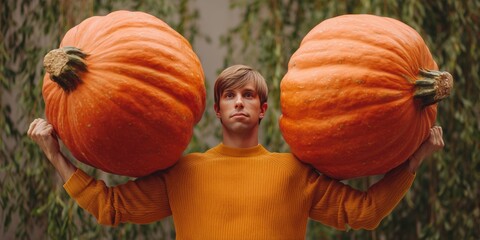 Happy farmer in plaid shirt and hat smiling while carrying a huge pumpkin on his shoulder in the field. Rustic autumn harvest moment full of joy, countryside lifestyle and seasonal farming spirit.