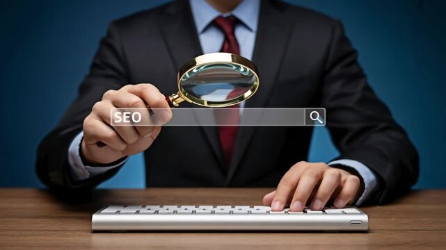 A business person searching SEO for business and marketing the concept of technology and internet.