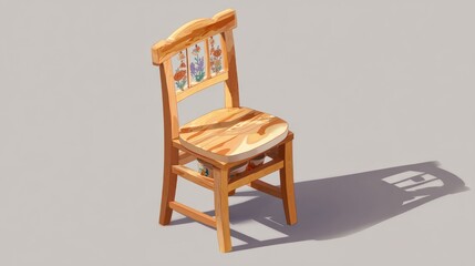 Wooden chair illustration with decorative backrest and soft lighting