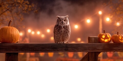 Realistic photo of a majestic owl with bright orange eyes perched on a wooden fence, surrounded by glowing jack-o-lanterns and smoky background, creating a mysterious and magical Halloween night scene