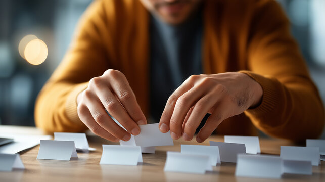Hands arranging concept cards on desk face obscured idea sorting design planning brainstorming organization creative process concept development card layout table