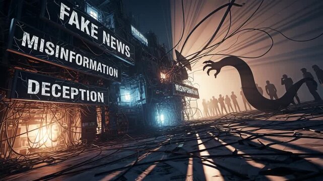 A surreal depiction of societal issues surrounding disinformation. 