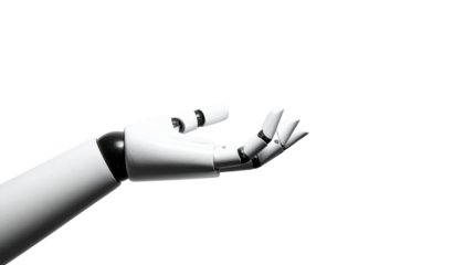 A robotic hand offering gesture. The hand is in pristine condition and the arm is connected. A close up shot with details