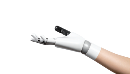 A high-tech prosthetic hand reaching out, showcasing innovation and technological advancement
