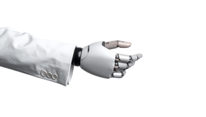 A robotic hand extends from a suit, symbolizing technological advancements and futuristic concepts.