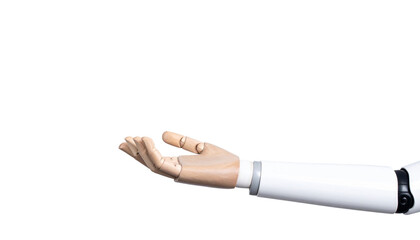 A detailed shot of a robotic hand outstretched, inviting interaction. The hand's mechanical design contrasts with the soft feel of human flesh. 