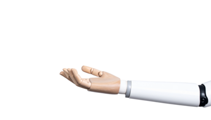 A detailed shot of a robotic hand outstretched, inviting interaction. The hand's mechanical design contrasts with the soft feel of human flesh. 