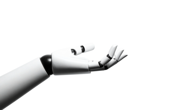 A robotic hand offering gesture. The hand is in pristine condition and the arm is connected. A close up shot with details