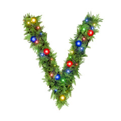 Letter V shining in a Christmas garland adorned with lights
