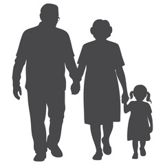 Family walking together holding hands grandfather grandmother and granddaughter silhouette