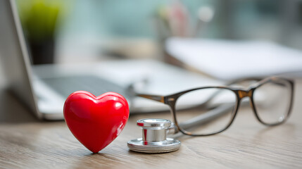 Red Heart Shaped Object Next to Stethoscope and Eyeglasses on Wooden Table in Modern Office Environment