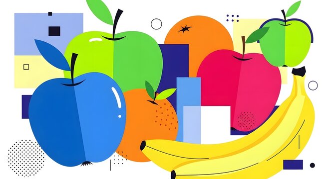 Vibrant Assortment of Stylized Fruits with Geometric Background.