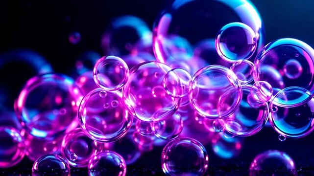 Luminous transparent soap bubbles glowing with purple and blue neon light on a dark background