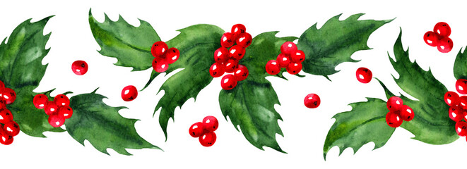 Watercolor Holly Leaves With Red Berries Border For Christmas And Holiday Decor