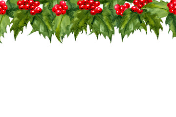 Watercolor Holly Leaves With Red Berries Frame For Christmas And Holiday Decor