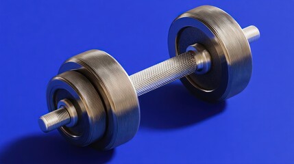 Metal dumbbell on blue background fitness and exercise equipment concept
