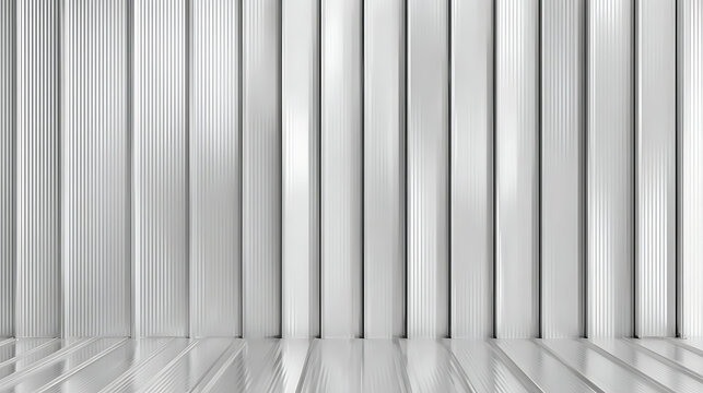 Corrugated wall background with reeded metal panel pattern and white glass texture effect. Abstract plastic siding plate with zinc steel sheet and ribbed roof. Reed reflection and chrome su 82833919 1