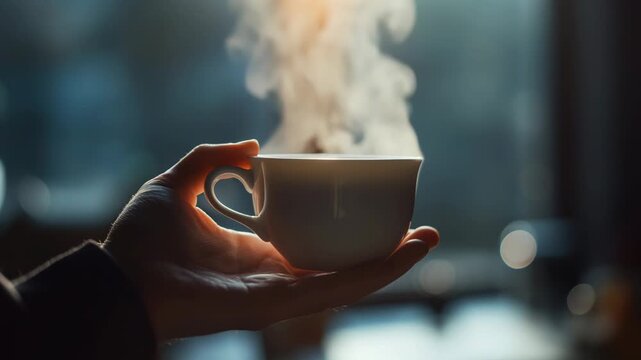 Hand holding a white cup of hot beverage with steam rising against a blurred background