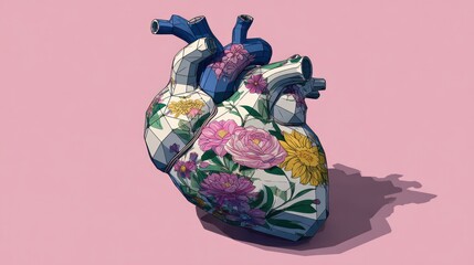Artistic floral heart illustration with colorful flowers and geometric patterns