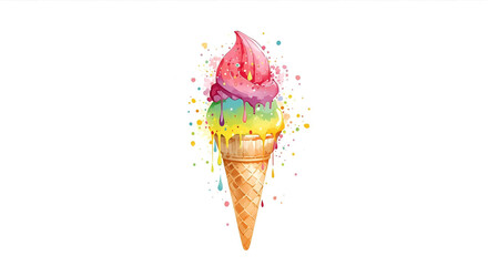 Ilustration of Colorful Ice Cream Cone on Minimal Background – Bright Summer Dessert 