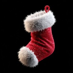 Christmas stocking soft 3D cartoon style fluffy trim red stocking with white trim, isolated