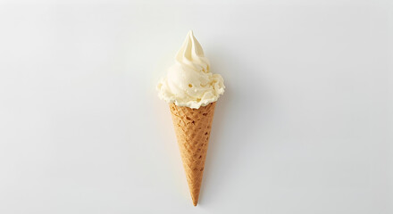 Vanilla soft serve ice cream in a waffle cone on a white background, minimalist aesthetic, smooth texture, elegant composition