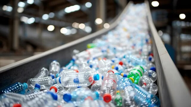 Numerous plastic bottles on a conveyor belt, illustrating the industrial process of recycling and waste management in a facility.