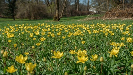 Spring flowers in the park, Winter Aconite flowers (Eranthis Hyemalis)