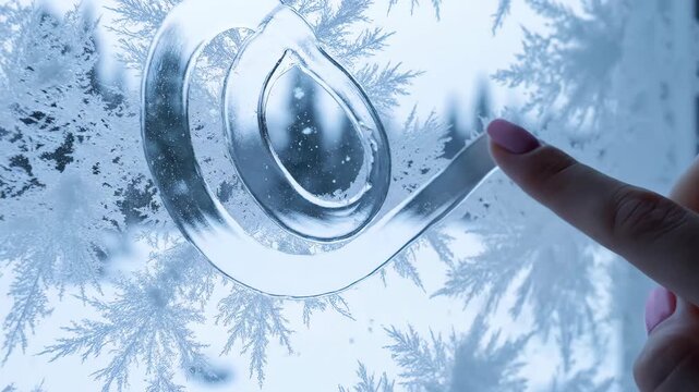 A finger touches a frosted window with ice crystal patterns