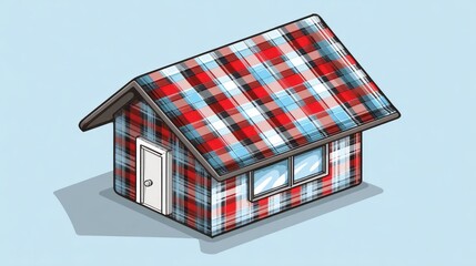 Illustration of a stylized house with a red and blue plaid pattern