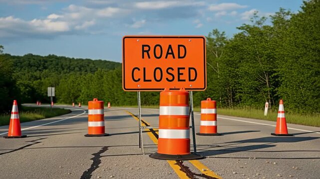 Road closed sign on the road for the concept of caution.