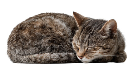 a peaceful tabby cat curled up and sleeping soundly, showcasing its soft fur and relaxed demeanor on a transparent background