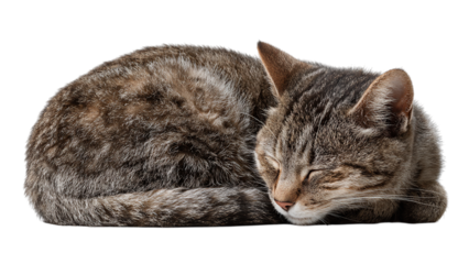 a peaceful tabby cat curled up and sleeping soundly, showcasing its soft fur and relaxed demeanor on a transparent background