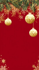 Red festive Christmas background with shiny baubles, pine branches, and glitter decorations creating a joyful holiday atmosphere