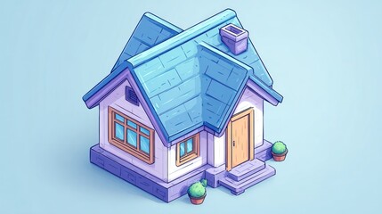 Cartoon house illustration modern design with blue roof and isometric perspective