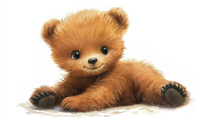 Obraz premium A fluffy brown teddy bear with big eyes and a sweet smile lies on a white background.