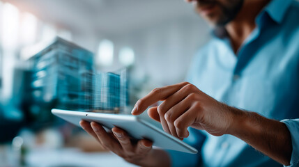 Hands using digital tablet for architectural rendering face not visible 3D design digital architecture building visualization CAD work architectural software tablet design