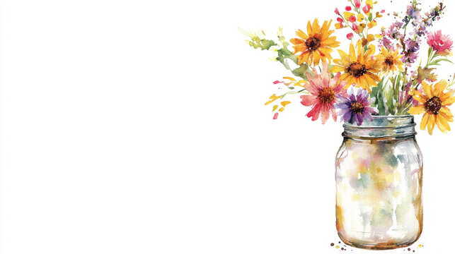 Watercolor wildflowers in a glass jar a vibrant splash of nature's beauty.
