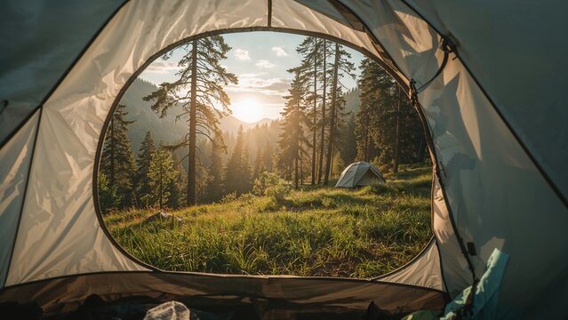 Sunrise inside a Tent, Scenic mountain camp scene with a view of green meadow and forest in morning sunshine through an open tent door.