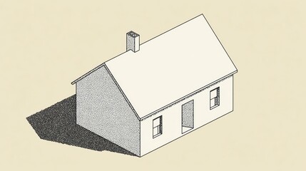 Isometric illustration of a simple house with a shadow on a beige background