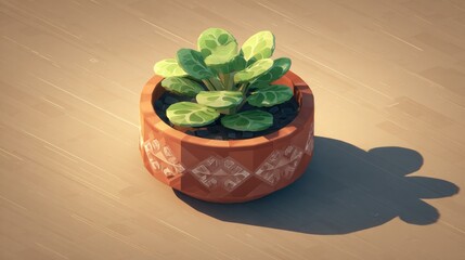 Small potted plant with green leaves and decorative ceramic pot on wooden surface