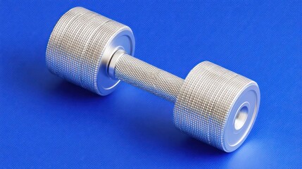 Metallic dumbbell on blue background illustrating fitness and exercise concepts