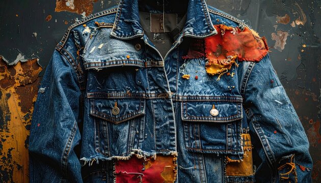 Distressed Denim Jacket with Patches on Rusty Background