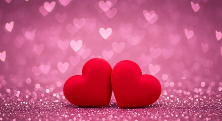 Two red hearts on a sparkling pink background with bokeh effect, symbolizing love and romance